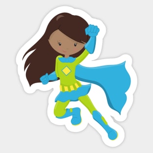 African American Girl, Superhero Girl, Blue Cape Sticker